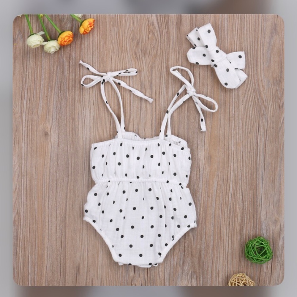 White & Black polka dot Romper & headband set child size 12-18 months - Picture 2 of 10